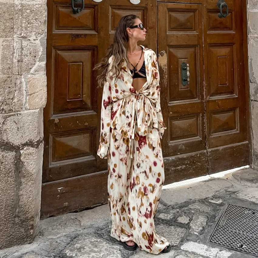 DSMTRC خمر التباين اللون المطبوعة عالية الخصر السراويل مجموعات أزياء المرأة طويلة الأكمام قميص دعوى سيدة عارضة جديد 2 قطعة وتتسابق #3