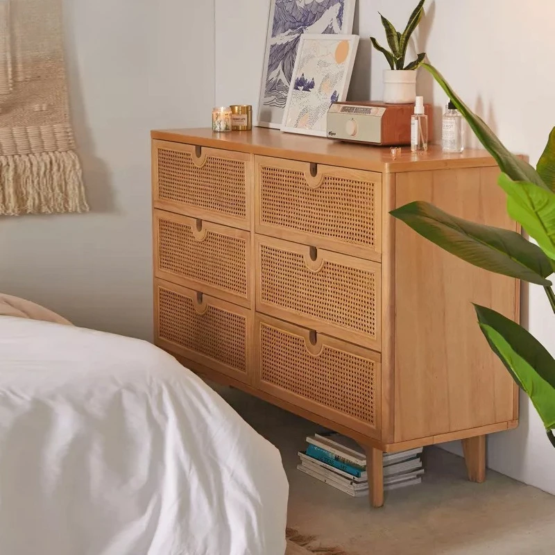Rattan simple six chest cabinets ins Japanese solid wood designer four chest cabinets living room locker wall drawer cabinet