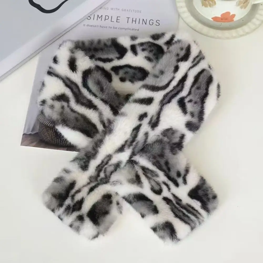 Korean Style Thicken Warm Leopard Print Scarf Soft Faux Rabbit Fur Scarf Faux Collar Windproof Cross Scarf Winter Season