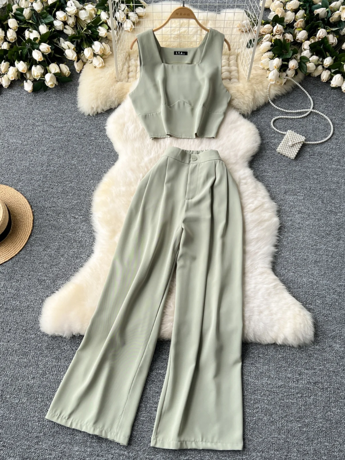 

Anti-Aging High Waist Suit Set Women's ort Svel Vest Top + Casual Wide Leg Pants Faionable Summer Outfit