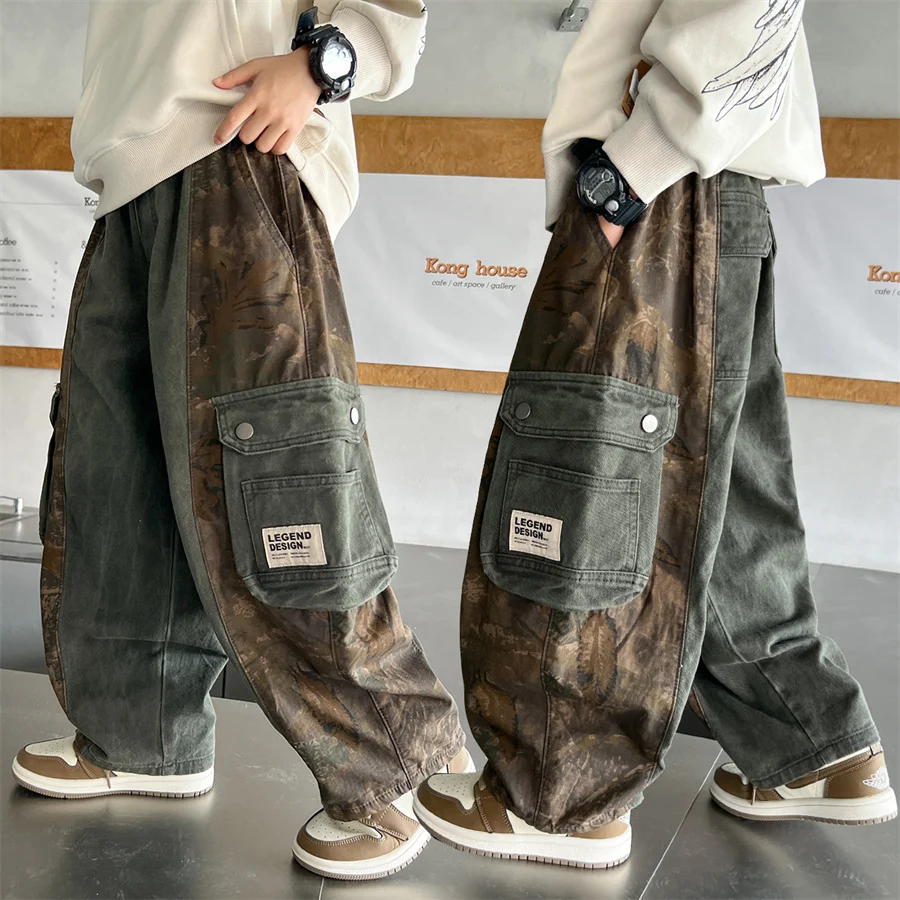

High Quality Kids Child Autumn Heavy Duty Work Camouflage Cargo Pants with Pocket for Big Boy Luxury Casual Trousers Age 7-16 Y
