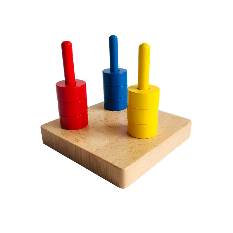 Educational Learning Toys Montessori 3 Colored Discs on Dowels Wood Sorting Nesting Stacking Game Hand-eye Coordination Activity