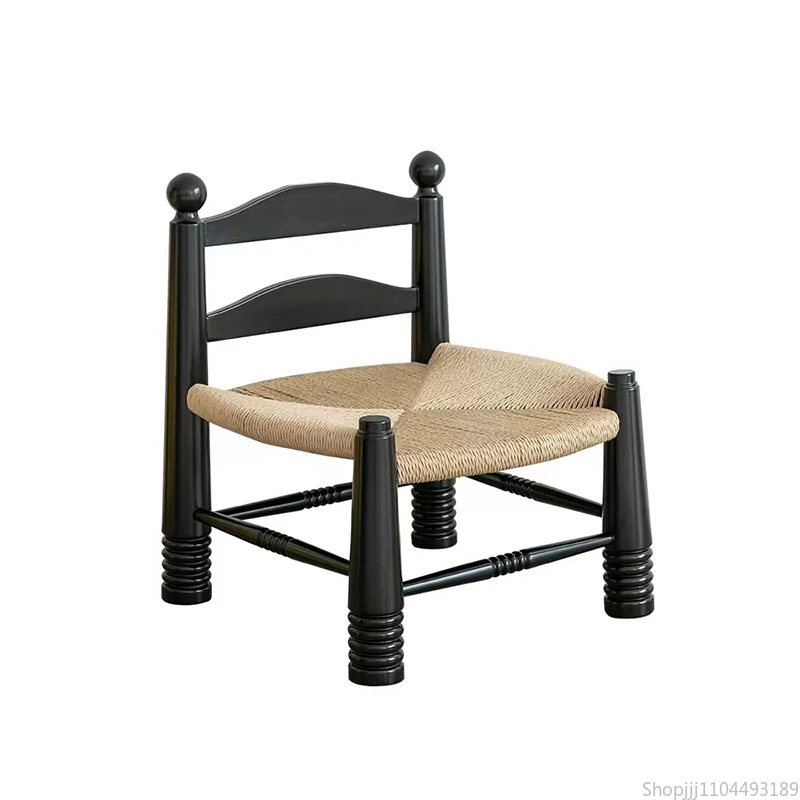 Vintage Dining Chair Household Solid Wood Braided Rope Single Rattan Braided Designer Low Stool Furniture