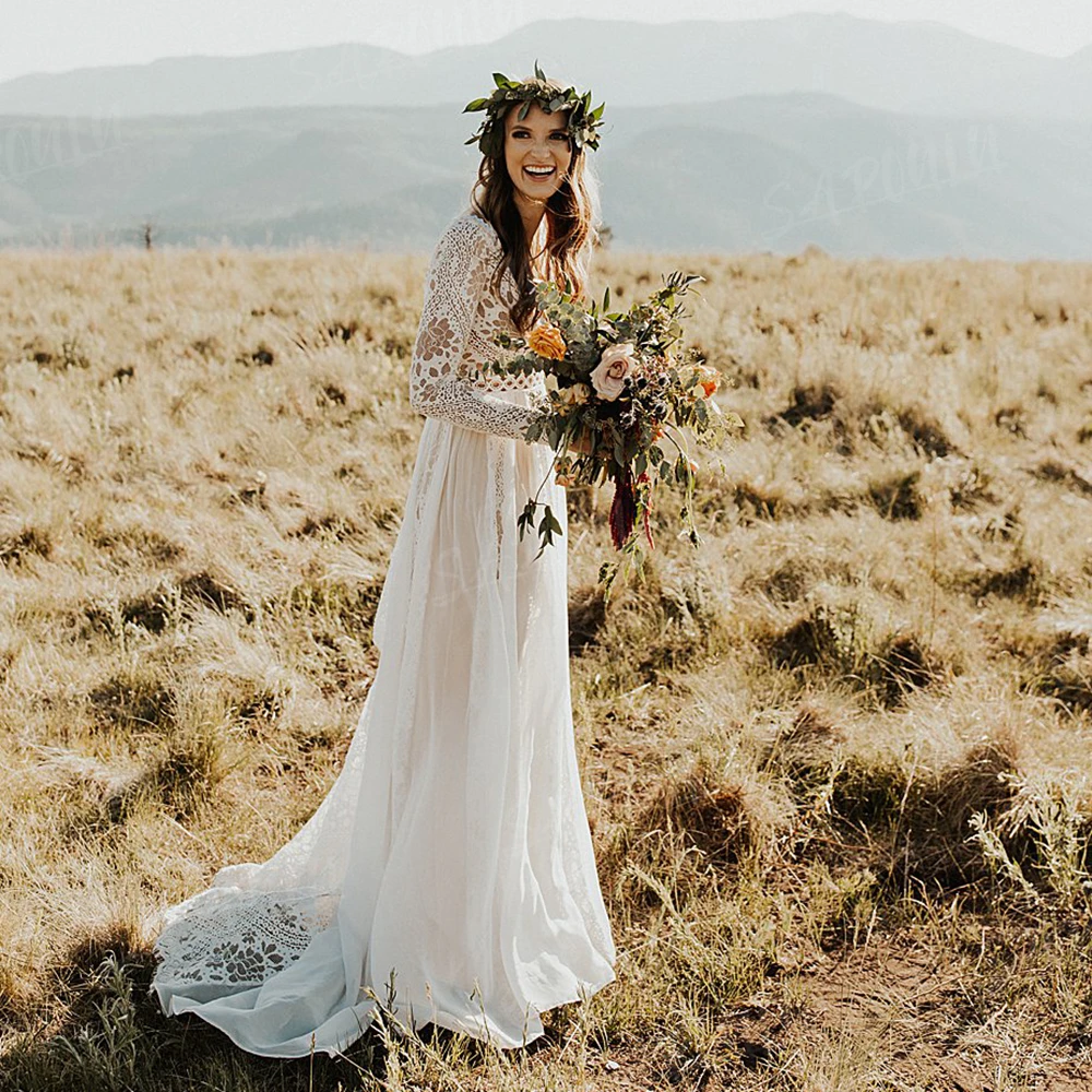 Long Sleeves A Line Boho Wedding Dress Custom Made Chiffon Lace V Neck Backless Rustic Garden Elopement Photography Bridal Gown