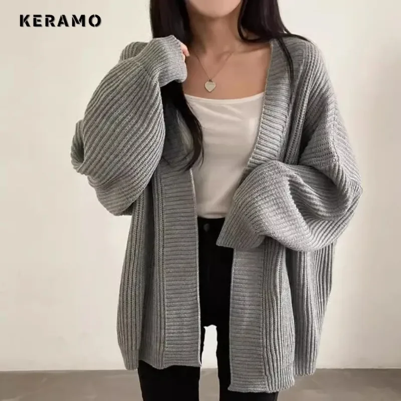 2024 Winter Casual Vintage Oversized Knitting Long Sleeve Cardigans Women Sweet Solid Color Female Loose Open Stitch Sweater