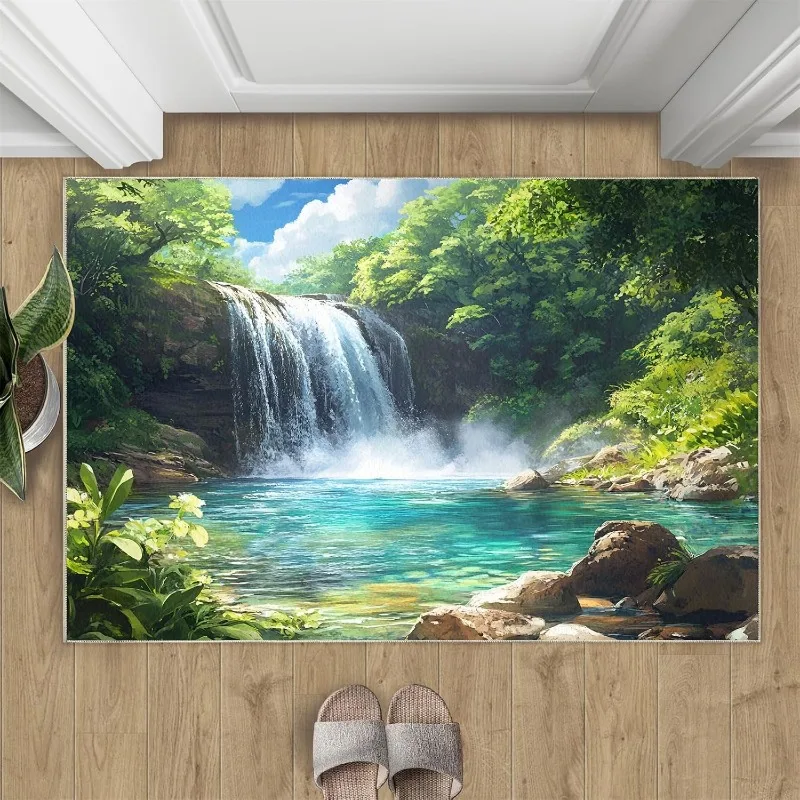 Fußmatte mit natürlichem Wald-Wasserfall-Aufdruck, rechteckiger, rutschfester Eingangsteppich, Eingangsbereich, Wohnzimmer, Schlafzimmer, Küche, Dekor