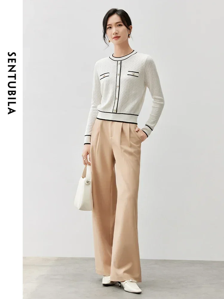 SENTUBILA Women Elegant Wool Knitted Pullovers 2025 Spring New Korean Straight Spliced Long Sleeve Knit Top Jumper W43E56740