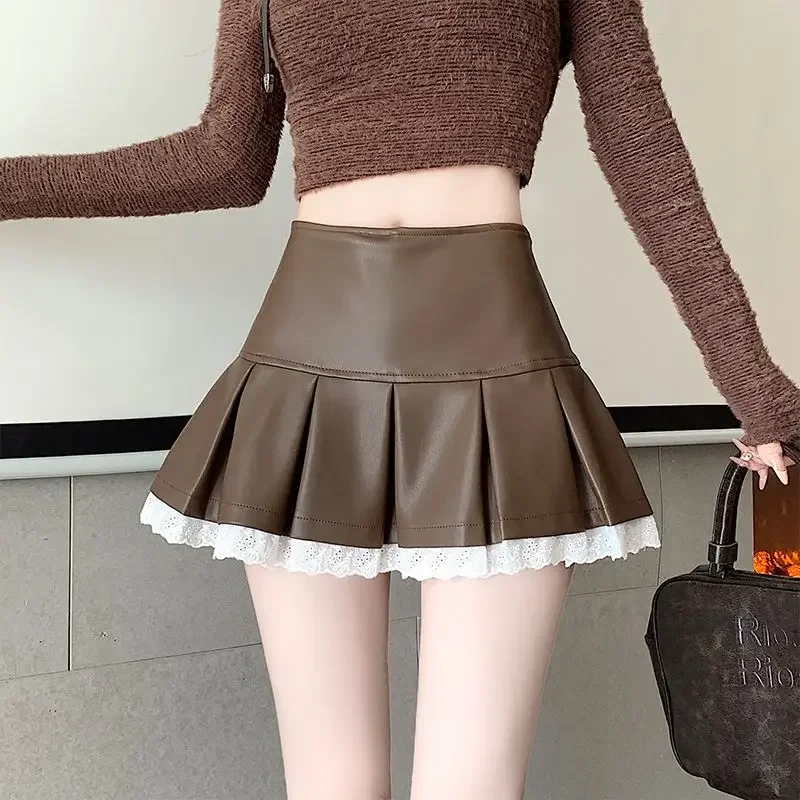 women's pu leather pleated lace skirt high waist hip wrap A word skirt