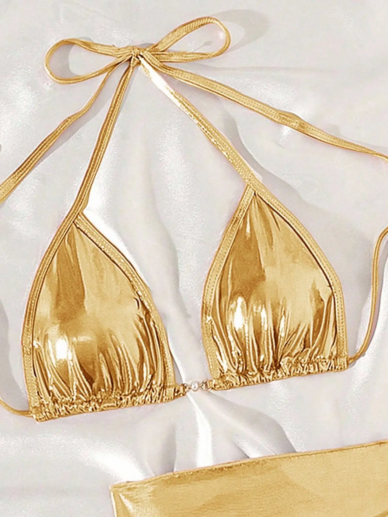 

Metallic Gold Halter Triangle Bikini Set With Wrap Strap Sexy Beach Swimwear