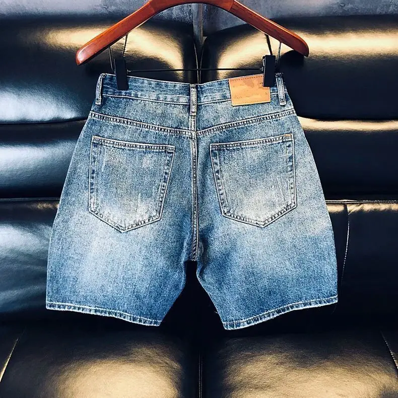 Summer 2026 New Vintage Ripped Denim Shorts Wear-resistant Washed Retro Light-colored Elastic Ruffian Handsome Casual Half Pants