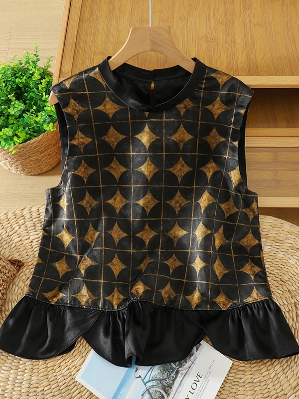 Summer New round Neck Print Top Silk Vest Sleeveless Women's Fashion Elegant Style Plain Pattern Button Closure Casual Wear