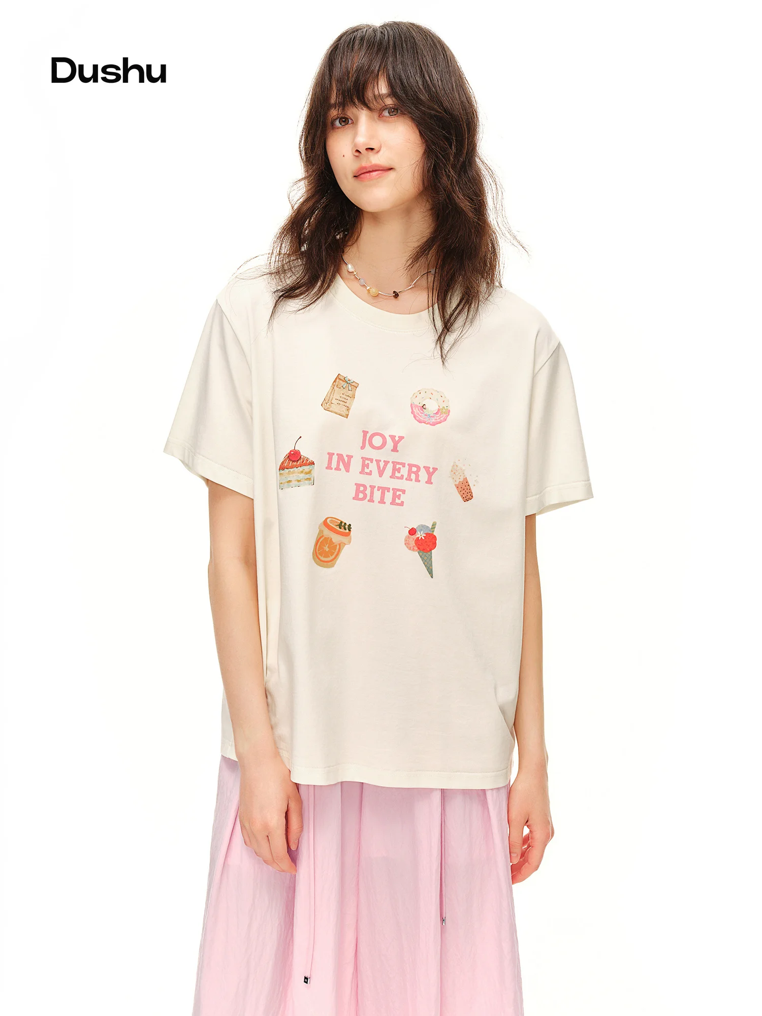 DUSHU Women's 2026 Summer New Round Neck Short Sleeve T-Shirt Loose Drop Shoulder Casual Printed Top Available in Multiple Sizes