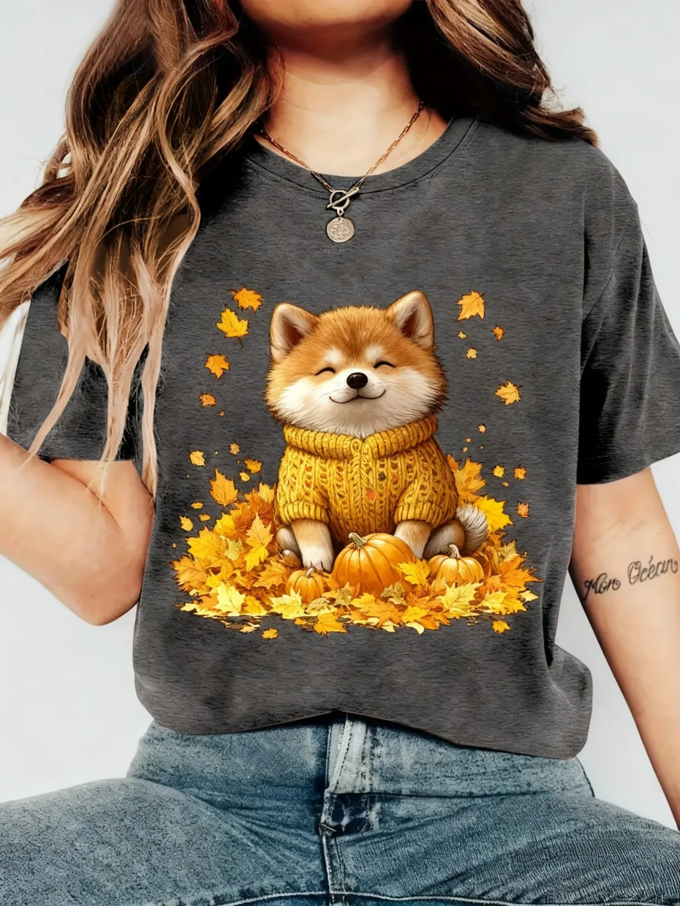 

Plus size women's short sleeve T-shirt Cute Dog In Sweater Autumn Leaves Daily comfortable versatile style summer outfits