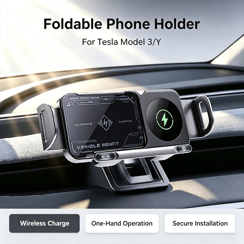 Automatic Clamping Car Phone Holder For Tesla Model 3 Highland Model Y Wireless Charging Fit 4.7-8.5 Inch Foldable Screen Phone