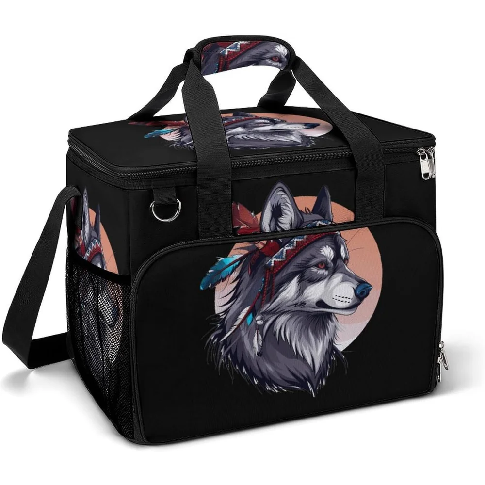 

Native U.S Wolf Feather Large Lunch Bag Portable Cooler Tote Bag Insulated Lunch Pail for Camping Travel