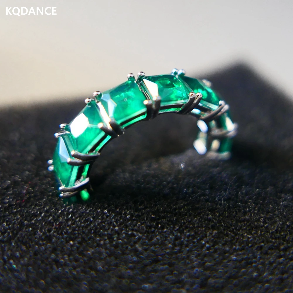 

KQDANCE Luxury Solid 925 Sterling Silver With Full Row 5*5mm Square Green Stone High Carbon Diamond Created Emerald Ring Jewelry