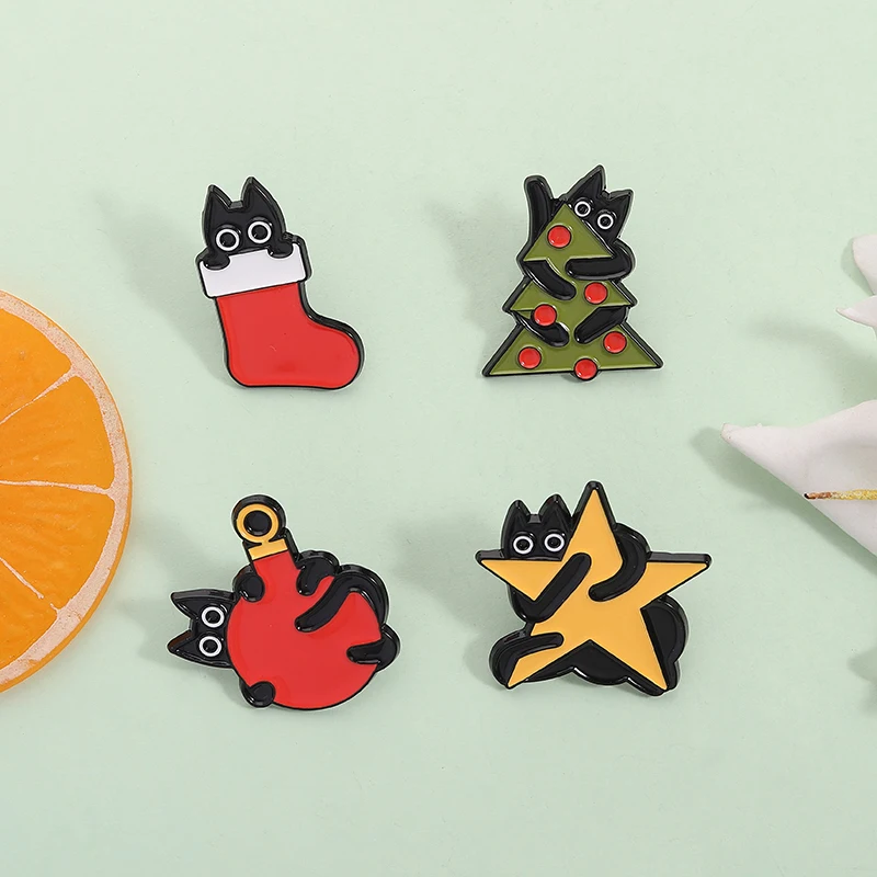 Black Cat Christmas Tree Enamel Pin Xmas Stocking Star Cute Animal Holiday Kitten Brooches Lapel Badge Jewelry Gifts for Friends