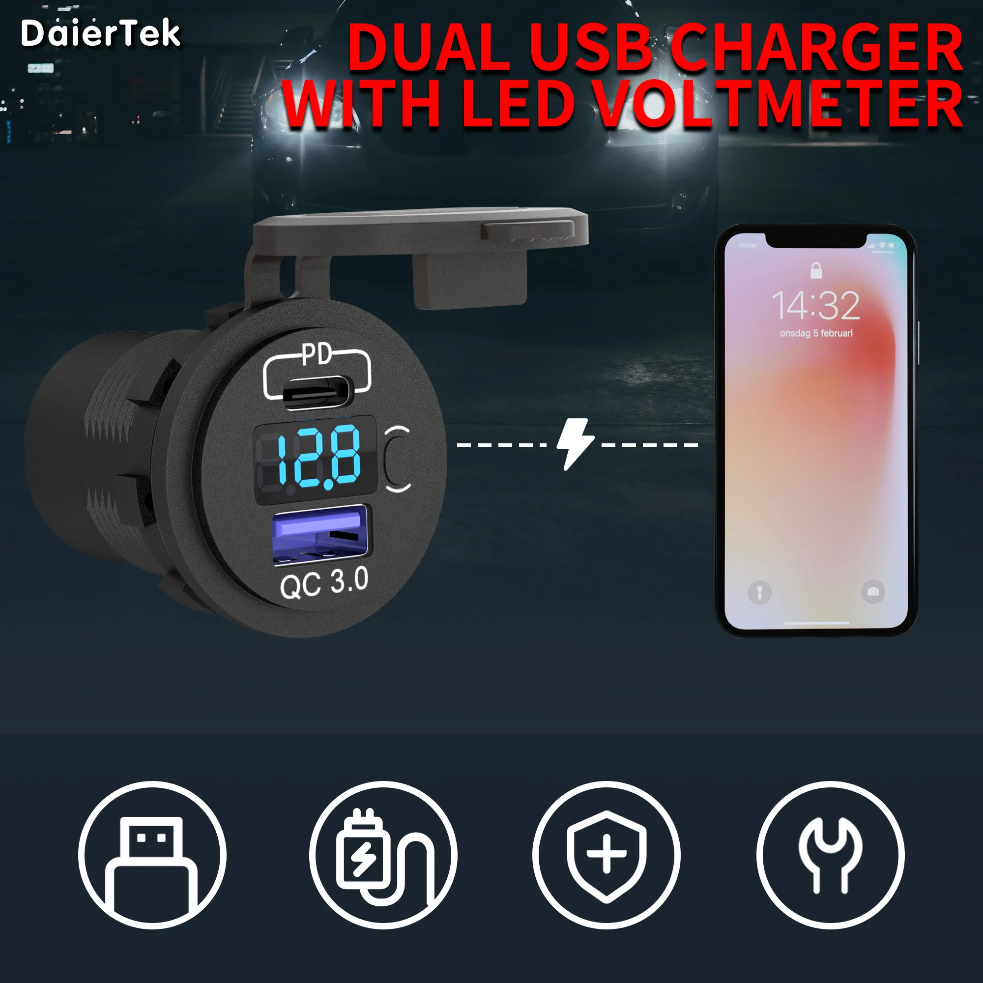 Surface Mount 12V 6Gang Switch Panel Box Marine Carling Rocker Switch Panel Waterproof Enclosure with QC3.0 Dual USB Socket