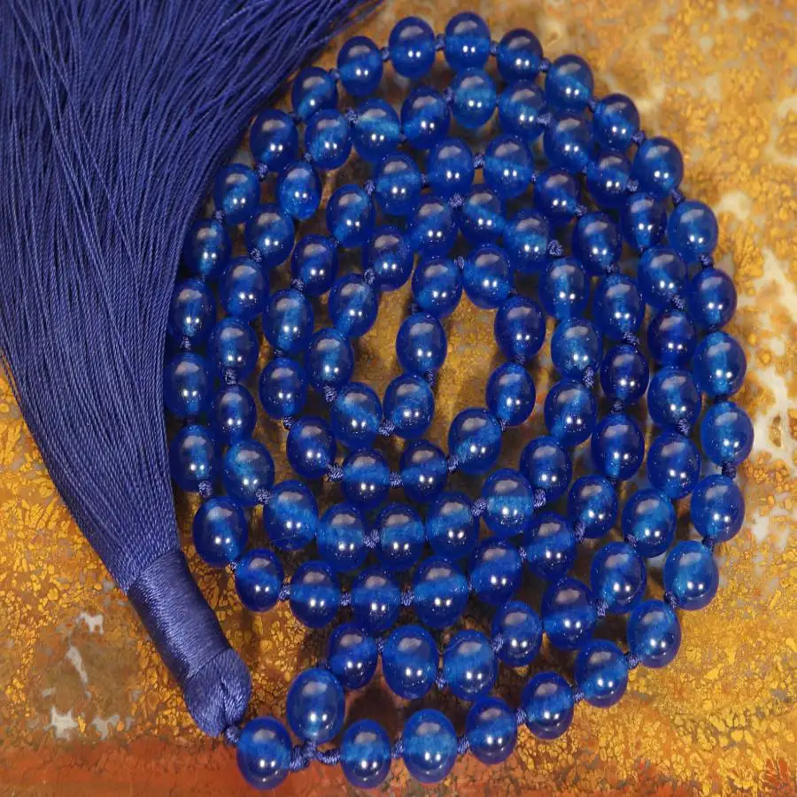 Natural Blue Kyanite 108 Beads Mala Necklace with Navy Tassel Spiritual Meditation Jewelry