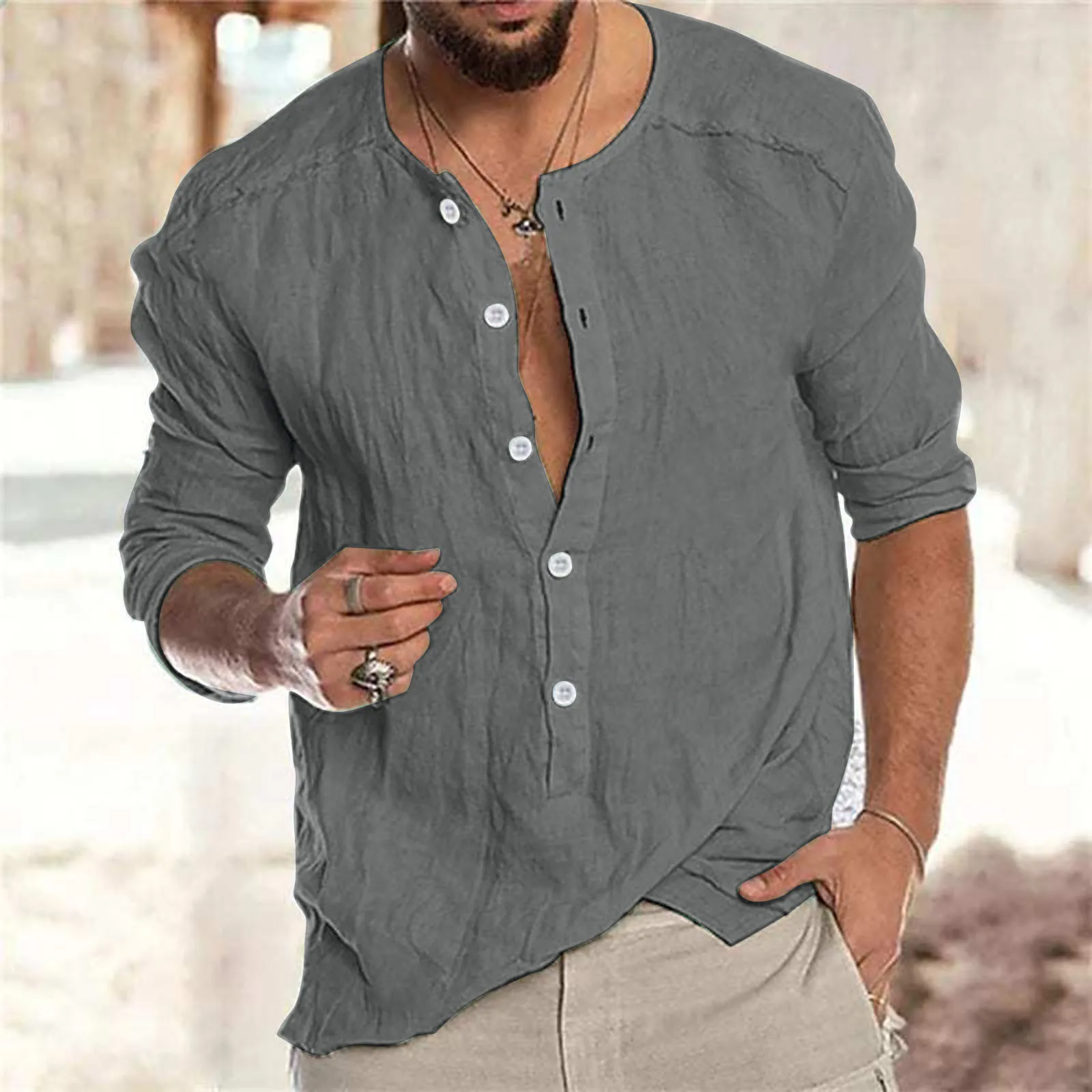 Mens Henley-Shirt Solid Color Long Sleeve Button Shirt Spring Summer Cotton Linen Top Blouse Fashion Casual Business Clothing