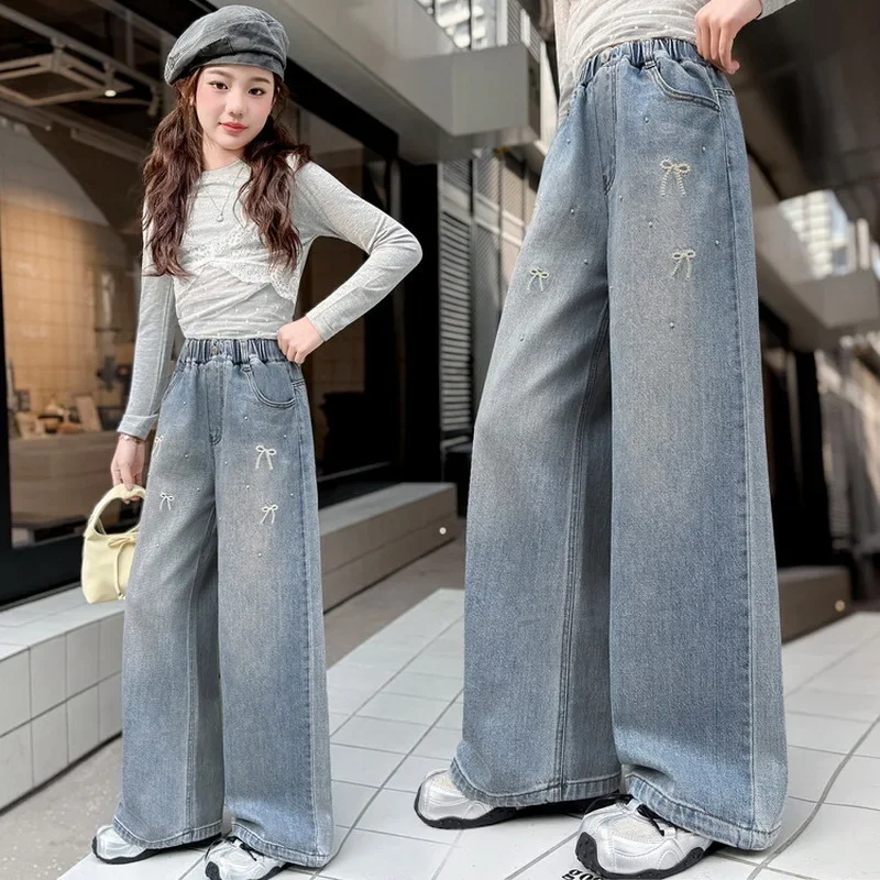 Kids Straight-leg Denim Pants with Bow Embroidery Beaded Grils Casual Wide-Leg Jeans Child Spring Fashion Korean Loose Trousers