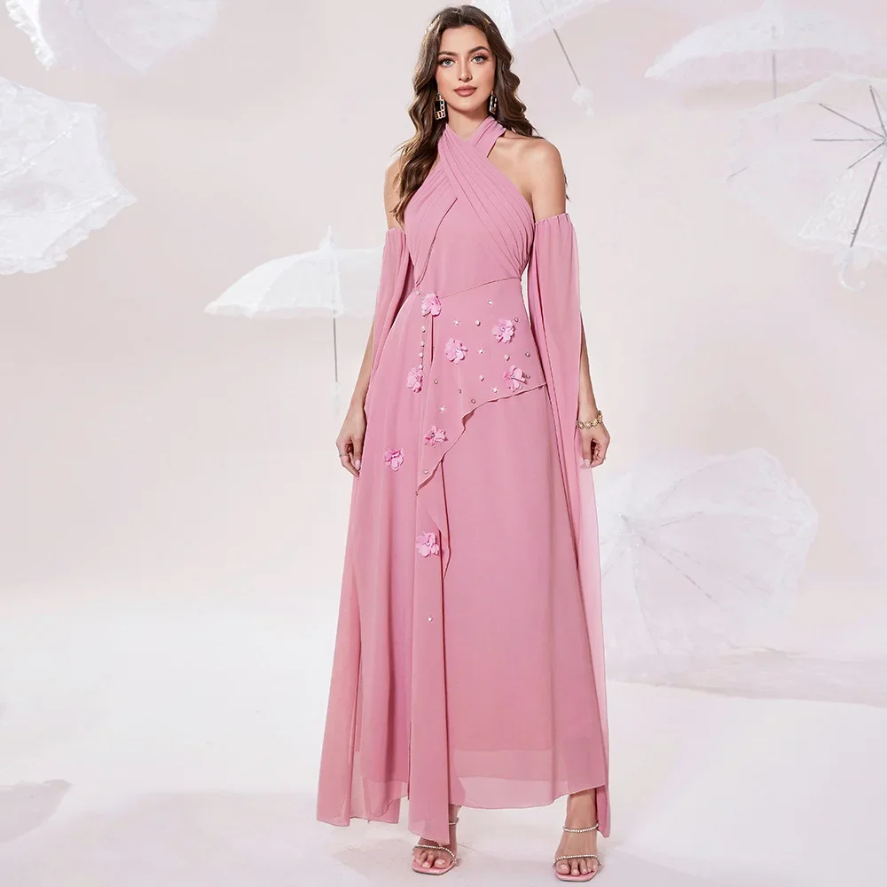 2024 Dubai Arabische Avondjurk met Cape Luxe 3D Bloem Parel Dubai Prom Formele Jurken voor Vrouwen Vakantie Bruiloft Jurken