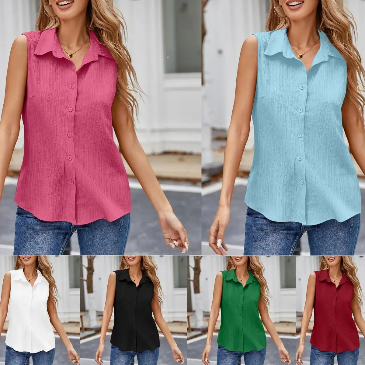 

Women's Sveless Lapel Cardigan Sleeveless Shirt Commute Style Pure Color Non-deformable Winter Fashion Ladies' Top