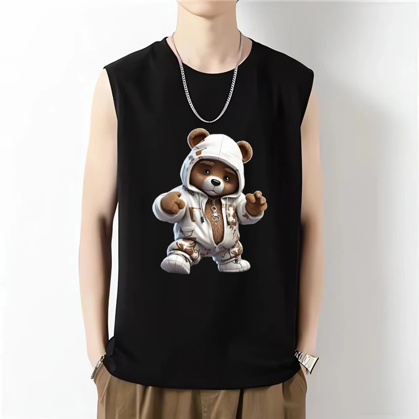 High Quality Cartoon Bear print Summer Sleeveless T shirt New Unisex Casual Oversized gym Vest Men Women Breathable Tank tops