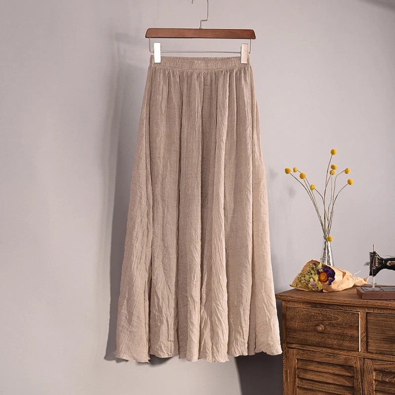 Women Long Skirt Mid-calf Casual Linen Summer Elastic Waistband One Size Expansion Hemline Lined Skirts All-match