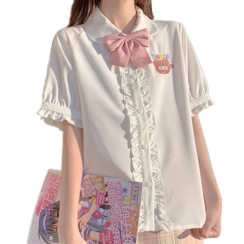 Summer Sweet Kawaii Blouse Lolita Cute Ruffles Elegant Vintage Short Sleeve Shirts Women Embroidery Casual Peter Pan Collar Tops