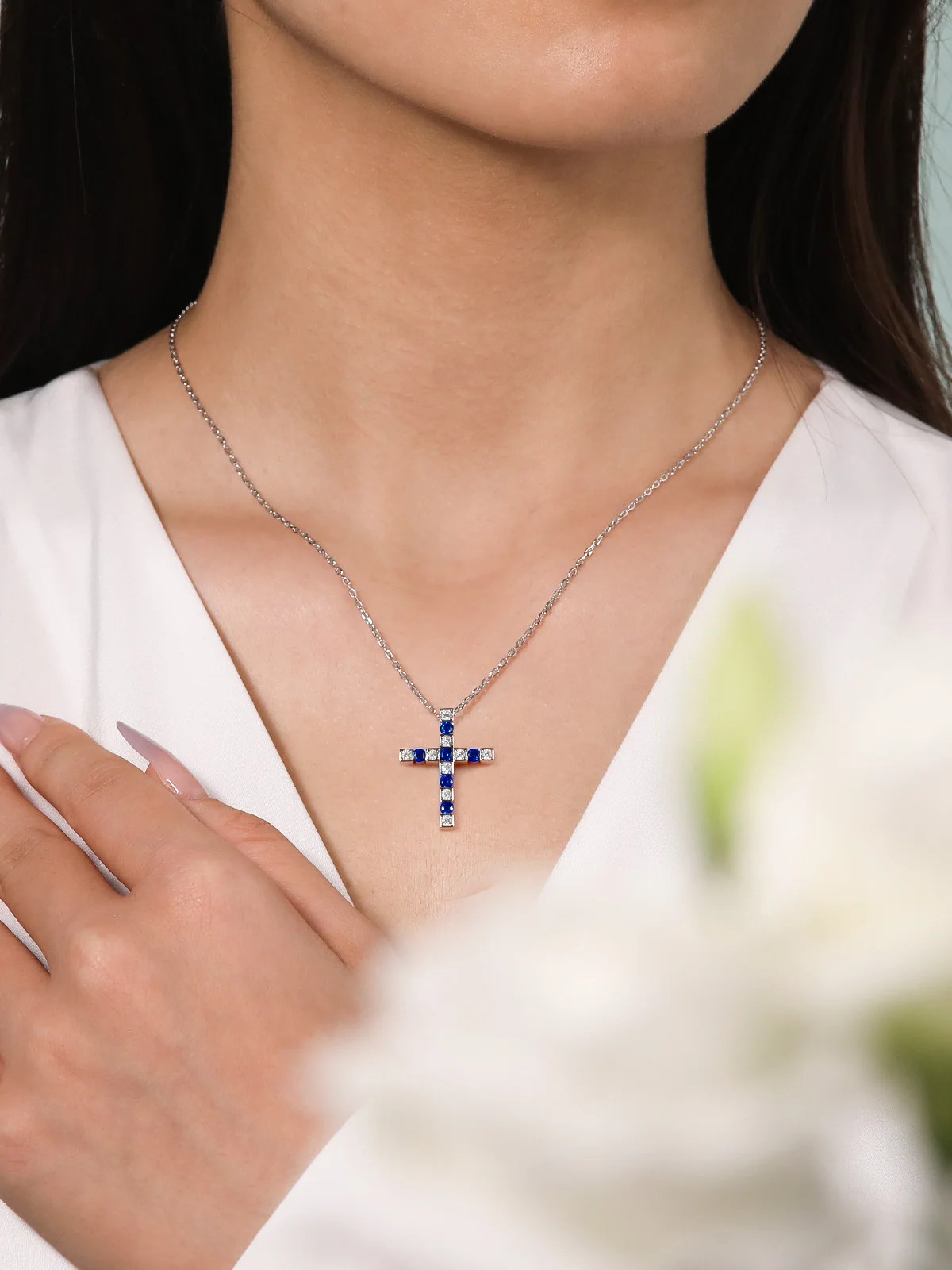 TYYL Moissanite Infinity Cross Necklace 925 Sterling Silver Created Sapphire Cross Pendant Birthstone Jewelry Gift for Women