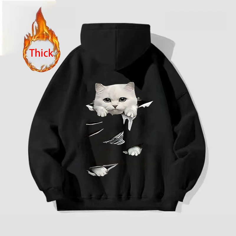 Cute Cat Thick Hoodies Women Fall Winter Warm Loose Long Sleeve Soft Tops Coats Vintage Lady Casual Preppy Style Kawaii Pullover