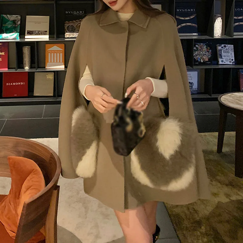 Women Winter Cashmere Wool Poncho With 100% Real Fox Fur Pocket Wool Coat Streetwear Shawls