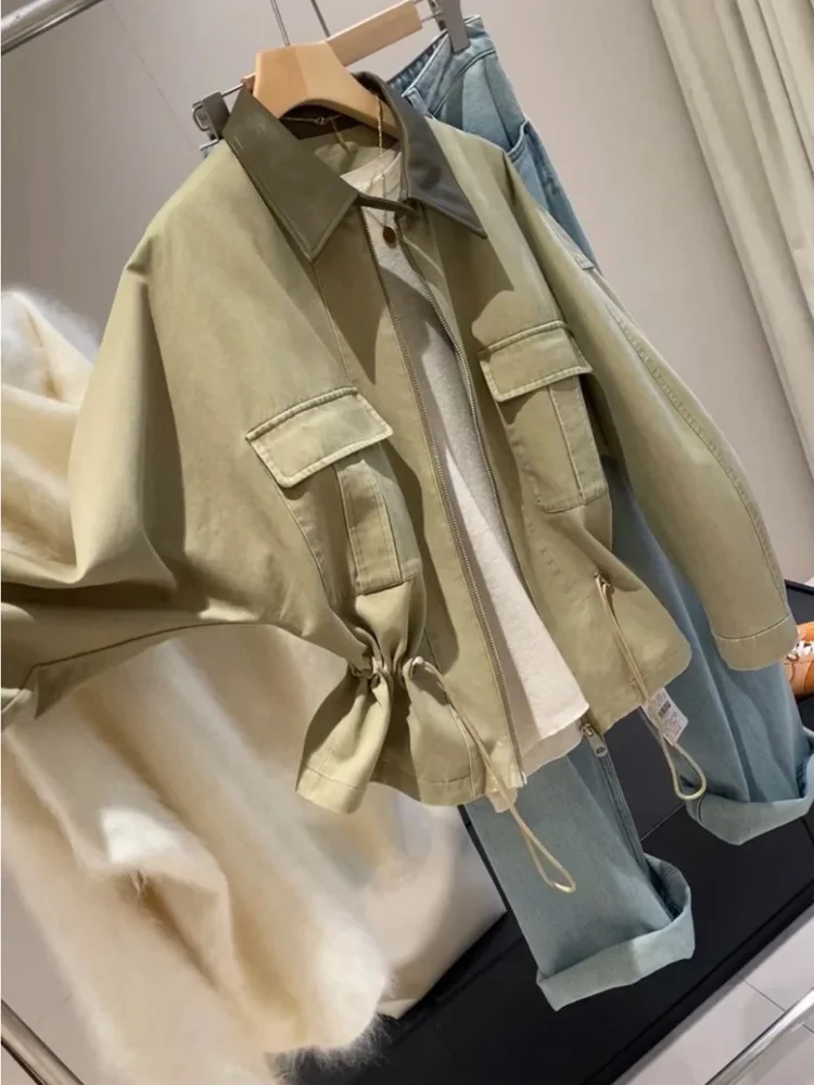 جاكيت نسائي جديد للخريف بتصميم راكب الدراجات النارية، بقصة ضيقة عند الخصر وياقة قائمة، بتصميم مرقع عصري من مزيج القطن، معطف عمل.