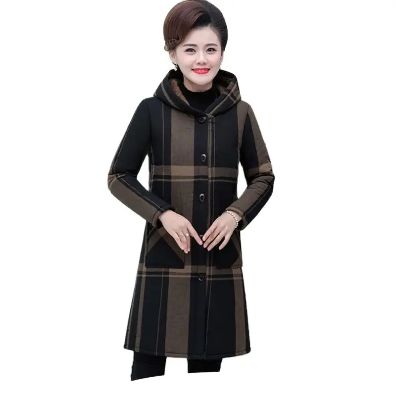 

Middle-aged And Elderly Women's Clothing Spring, Autumn And Winter Plus Velvet Plaid Mid-length Hooded Cotton Women's Warm Coat