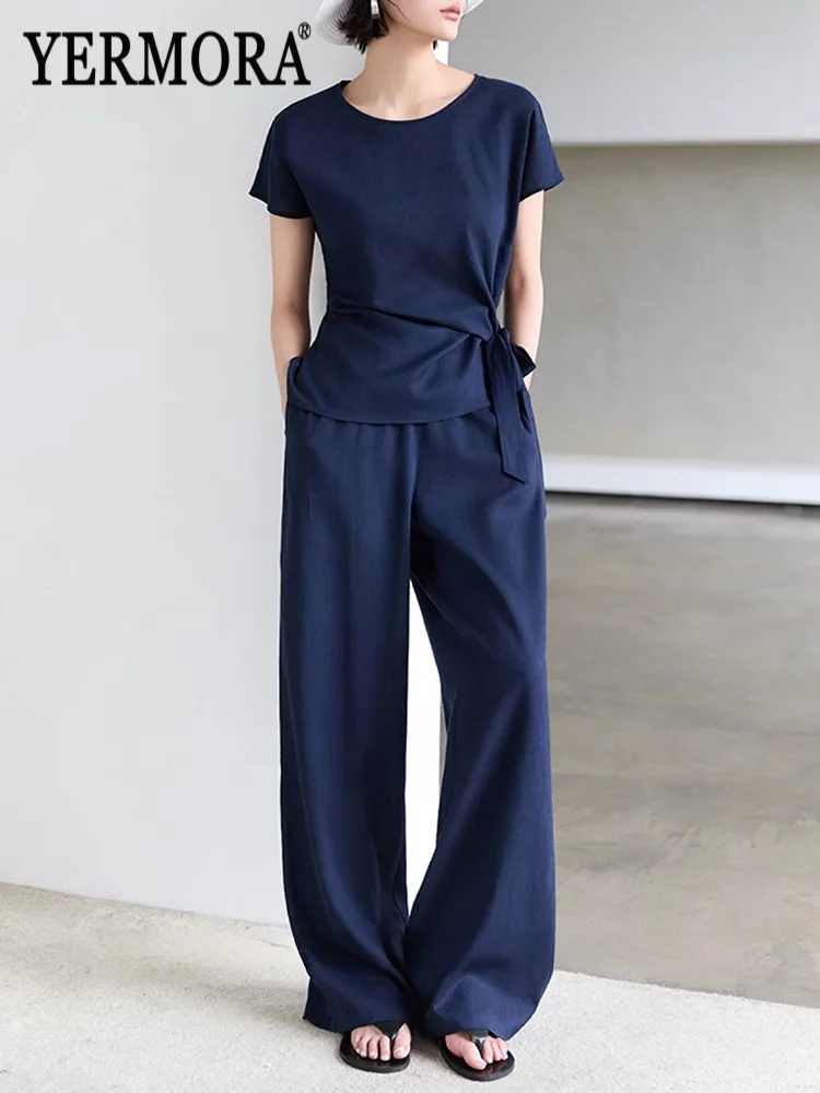 

YERMORA Women Two Pieces Set Lace-Up Brief T-Shirt O-Neck Short Sleeve Loose New Wide Leg Pants Fashion Tide Spring Summer 2026