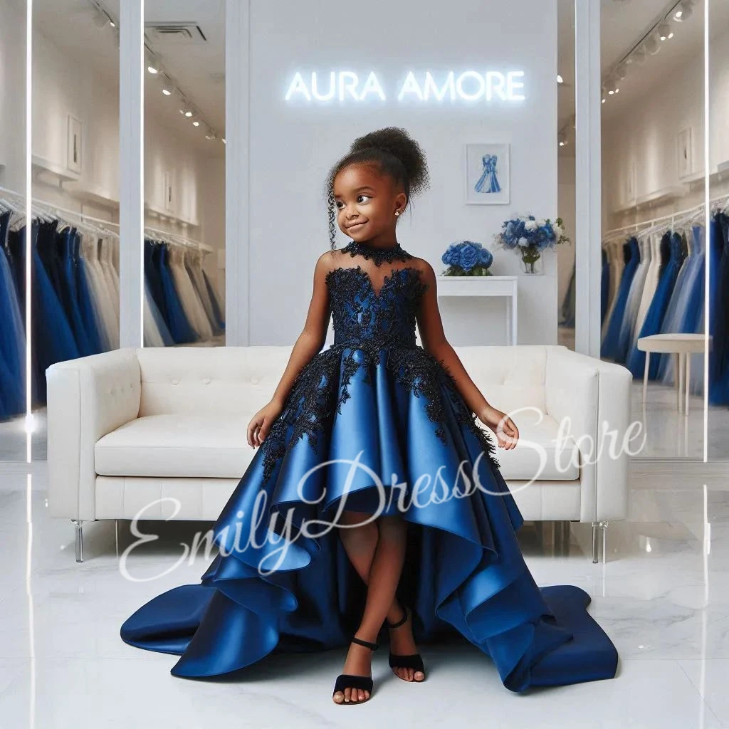 

Customized 2025 Blue Flower Girl Dress For Wedding Lace Applique Puffy V-neck Ruffles Kids Birthday Party First Communion Gown