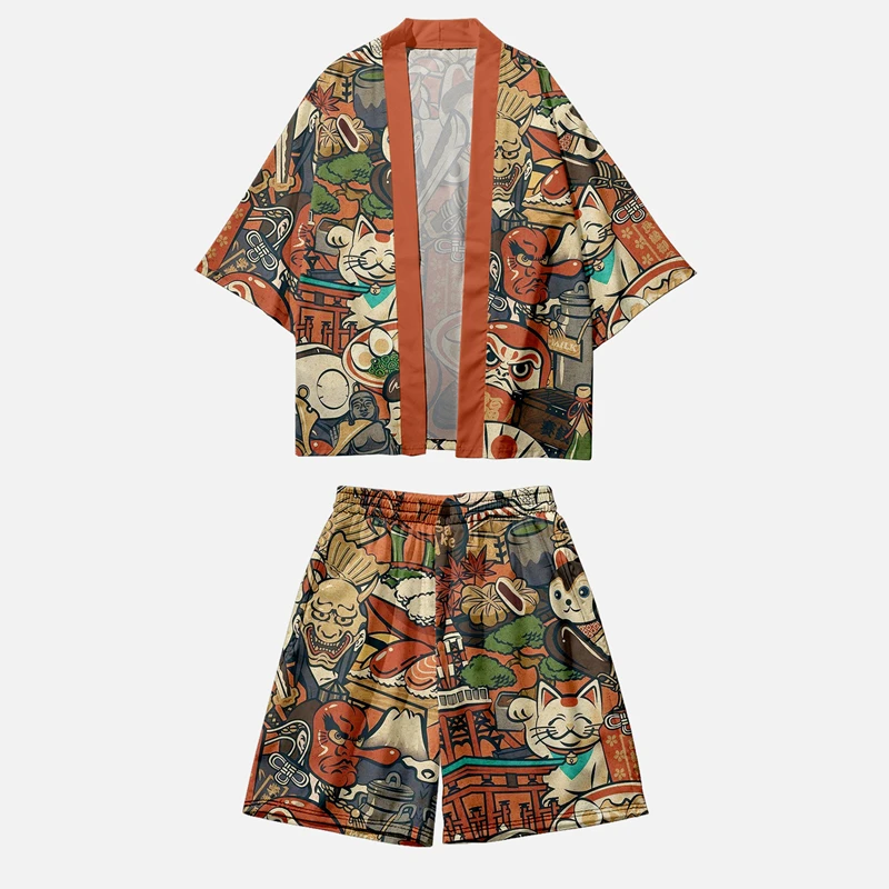 Japanese Cardigan Harajuku Traditional Ukiyo-e Waves Print Two-piece Suit Women Kimono Shorts Men Cosplay Haori Clothing 5XL 6XL