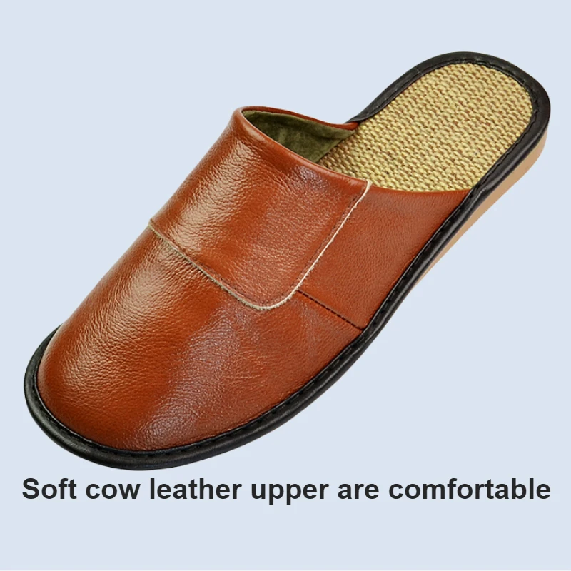 Genuine Cow Leather Linen Slippers Homes in indoor slipper Spring Autumn men women elderly non-slip casual single Slides shoes