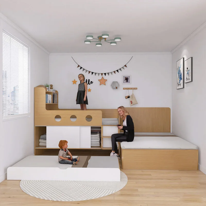 Dislocated upper and lower beds, tatami, split-level high and low beds, parent-child family of four children's room