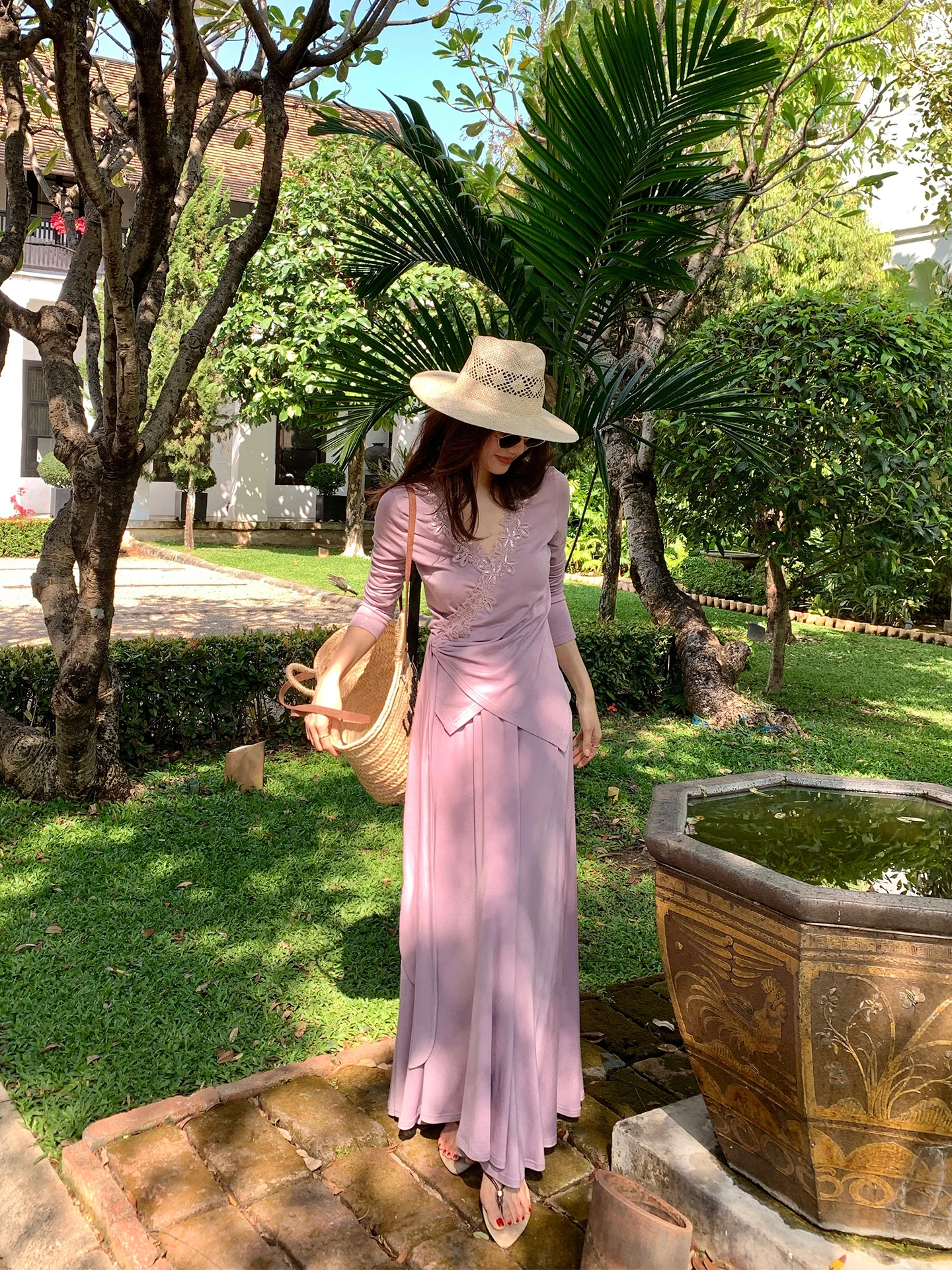 

Dragon Xier Gentle Breeze Purple Lace Trim Top And Skirt Set Women's Elegant Long Skirt Spring Casual Sportswear Ensemble