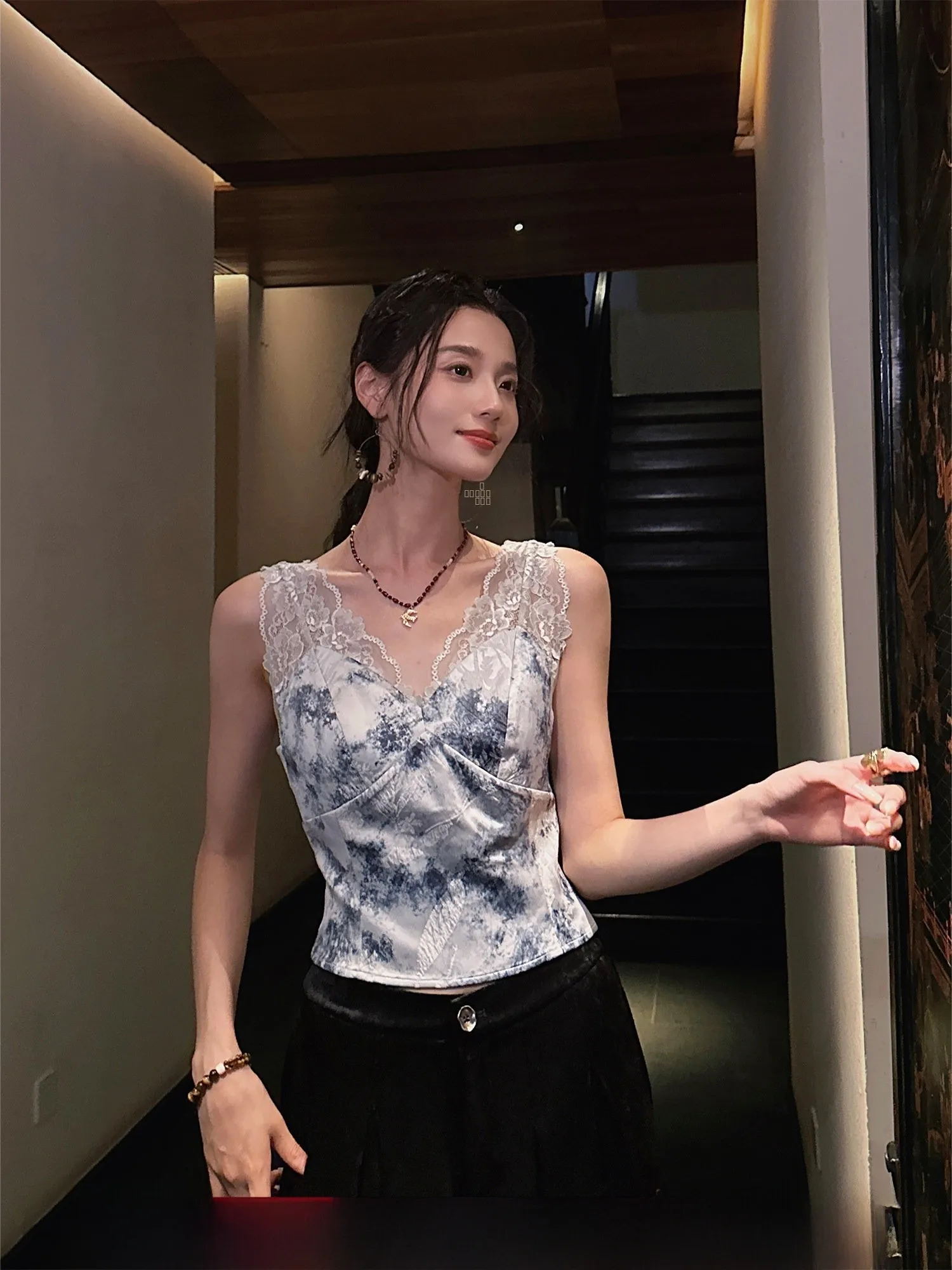 

Sanji Bla Flower Lace Vest Women's High Crion 3D Embroidery Versatile Outerwear Commute Sle Slim Fit V-ne