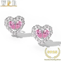 Stud Earrings S925 Sterling Silver Pink Heart Zircon Halo Prong Setting Valentine Anniversary Gift for Women Romantic Jewelry