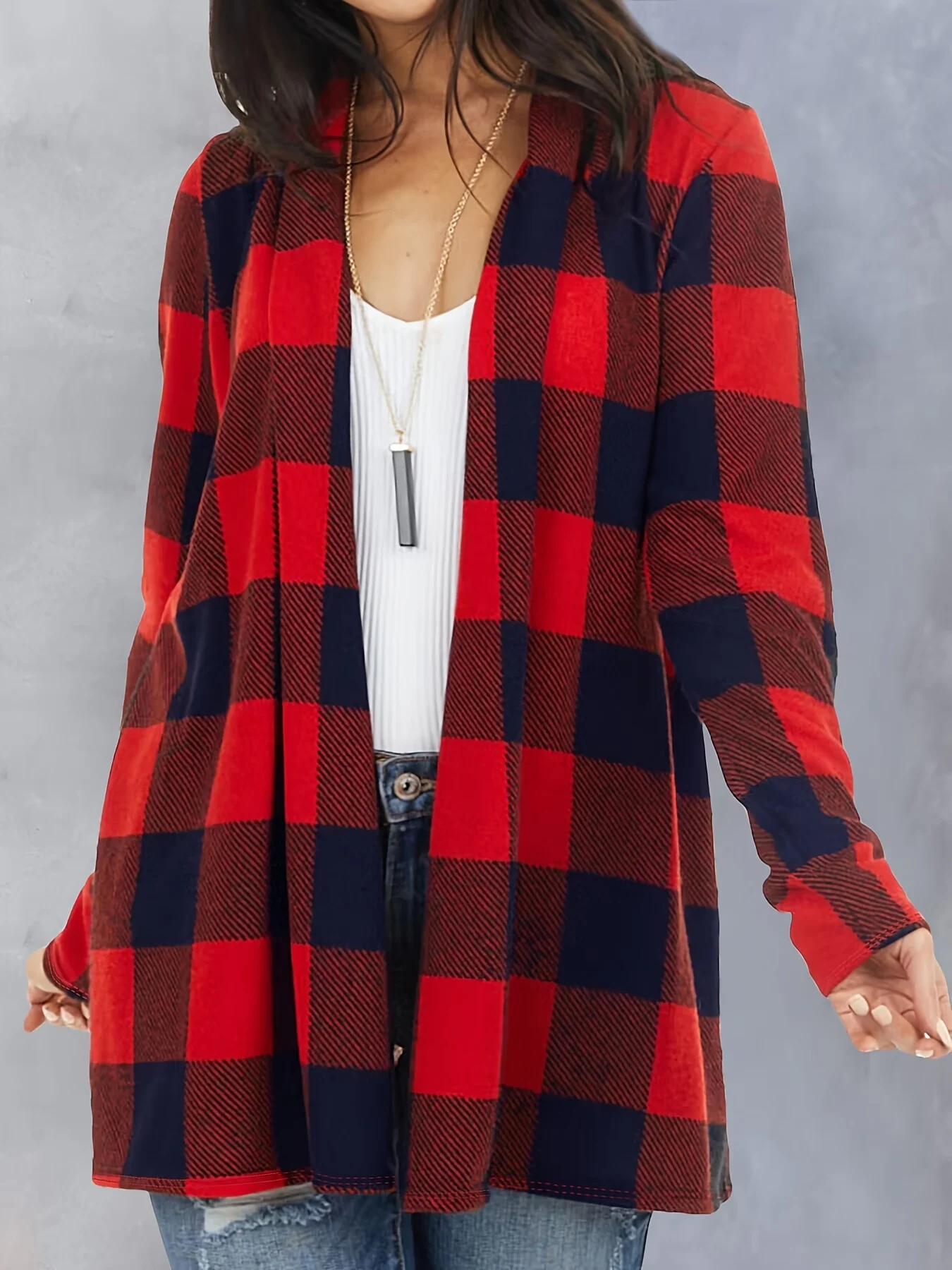 Women Fashion Plaid Printed Long Coats Casual Full Long Sleeve Outerwear Ladies Basic Autumn Winter Coat