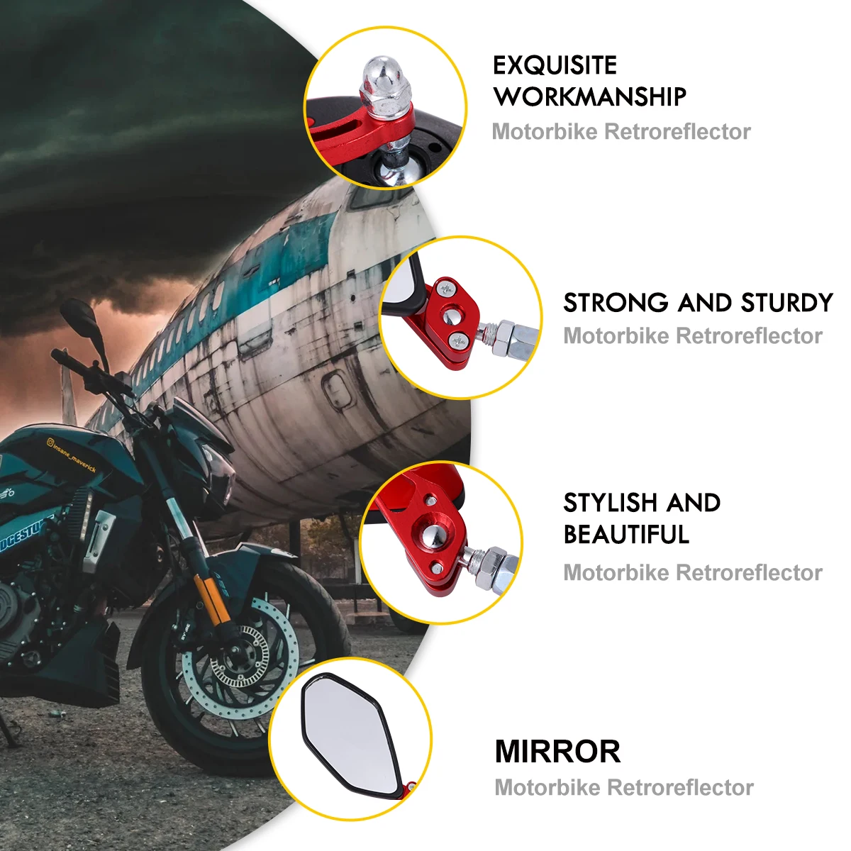 

1 Pair Motorcycle Rearview Mirror 360° Rotated Adjustable Retroreflector Super Large Glass Lens Red For Bikes
