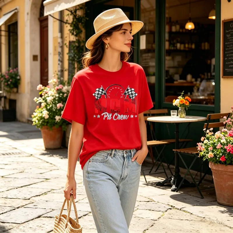 Race Mom Pit Crew Checkered Flag Tees Women Casual Short Sleeve T Shirt Speedometer Print Racing Lover Slogan Graphic Style Tops