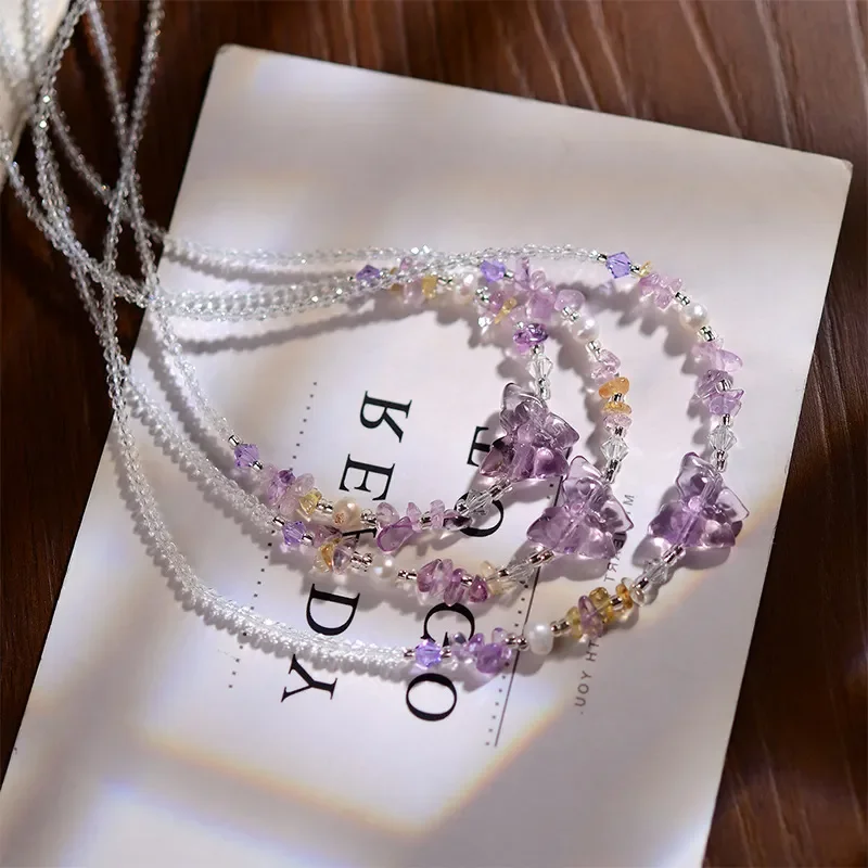 Crystal Necklace Purple Citrine Colored Gravel Butterfly Necklace Light Luxury Versatile High Value Atmosphere Necklace