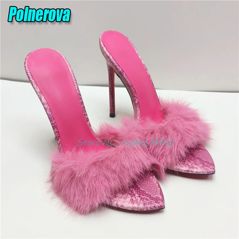 Pink White Hairy Snake Pattern High Heels for Women Summer Sexy Pointed Toe Stiletto Slippers Elegant Lady Party Wedding Shoes