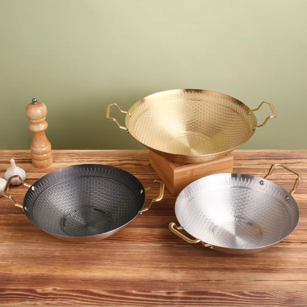 

Korean Style Honeycomb Pattern Spicy Pot Stainless Steel Non Stick Frying Cooking Pot Round Bottom Double Handle Camping Wok