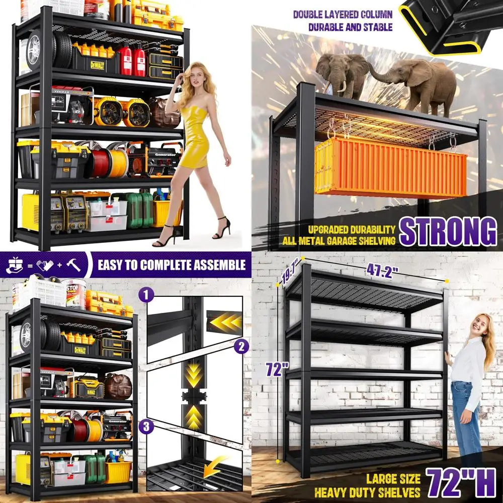 أرفف تخزين جراج معدنية شديدة التحمل قابلة للتعديل مكونة من 5 طبقات وحدة رفوف سلكية سوداء للتنظيم